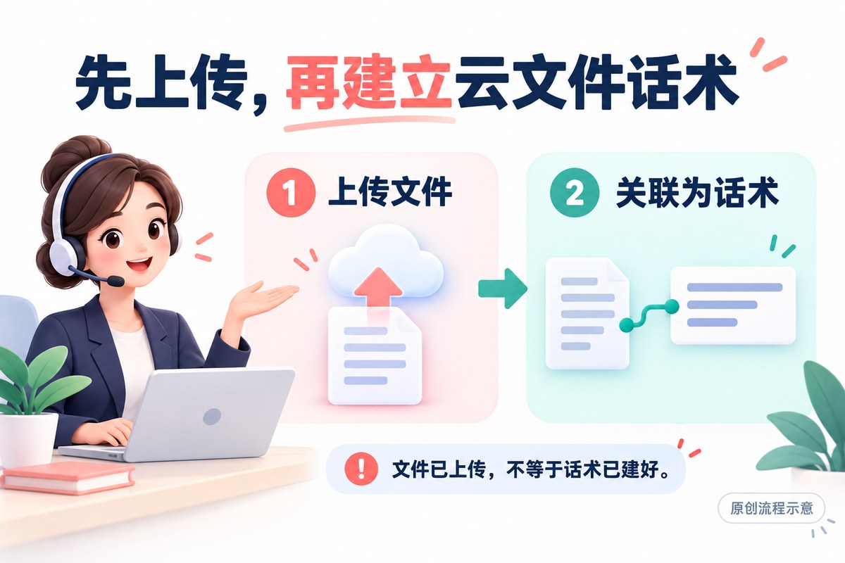 电脑端从上传云文件到建立云文件话术的两步流程示意