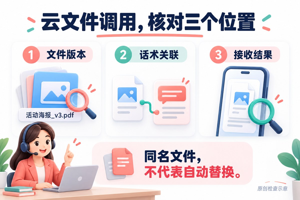 从文件名称版本、话术标题和接收方打开结果核对云文件的示意