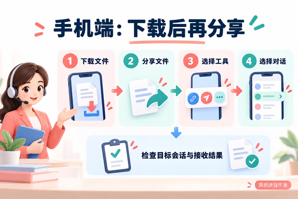 手机端从云文件管理到下载并选择聊天对话分享的流程示意