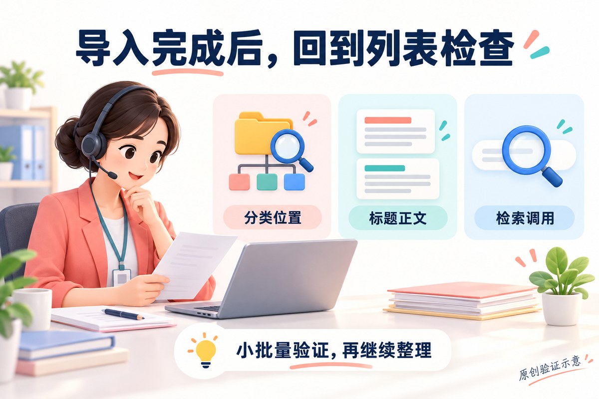 导入后从分类、标题正文和搜索调用三个方面验收的示意