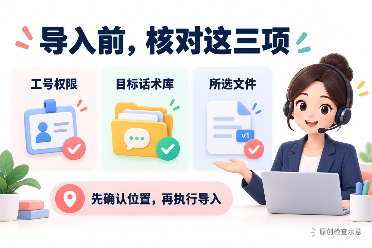 导入前核对工号权限、目标话术库和所选文件的三项检查示意
