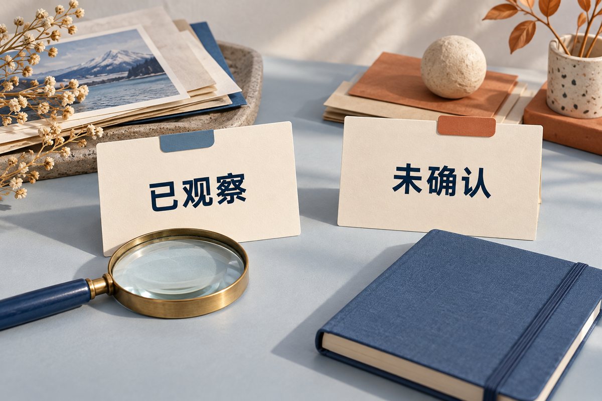 已观察与未确认两张卡片并列,旁边放着放大镜
