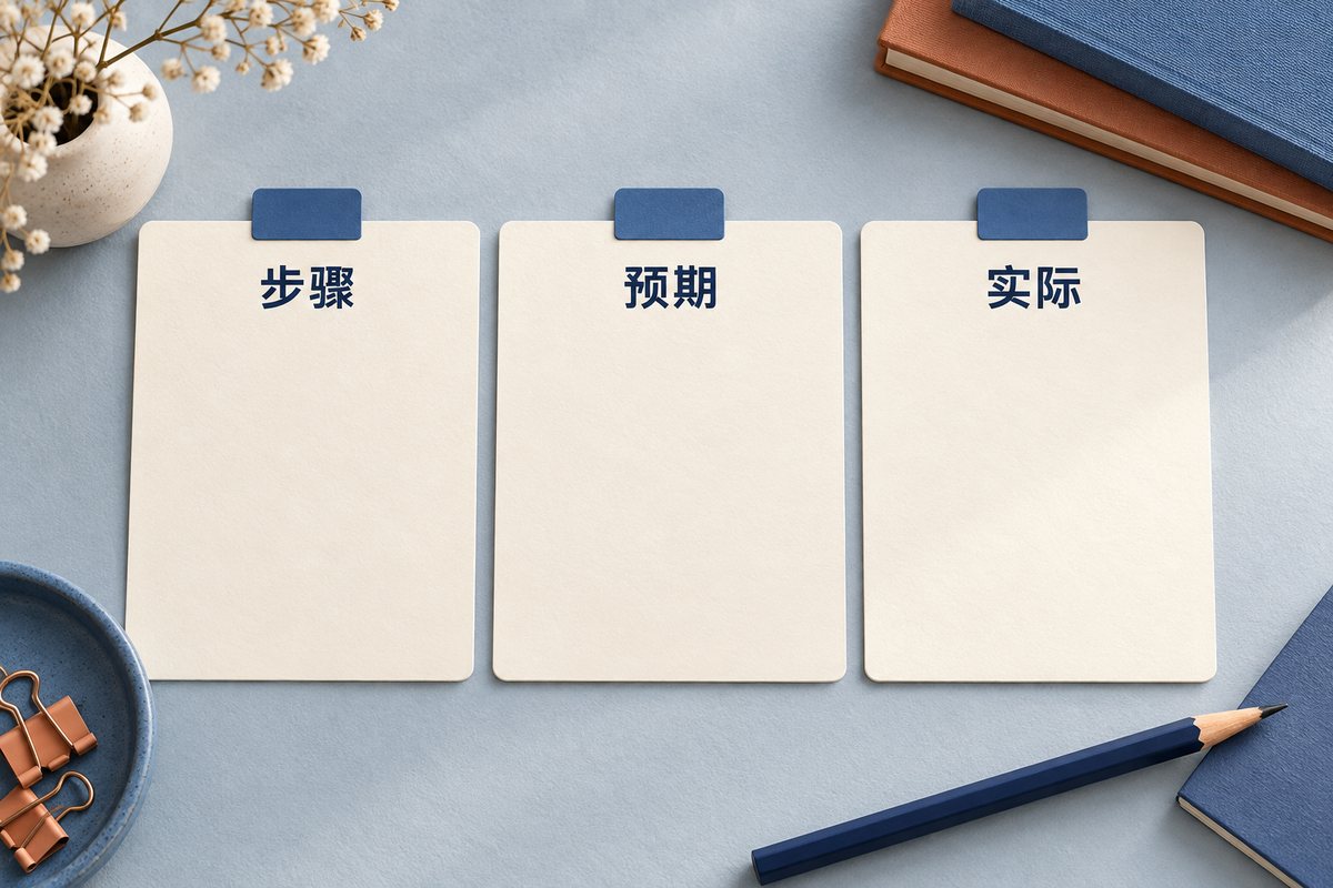 步骤、预期、实际三张记录卡片按顺序排列