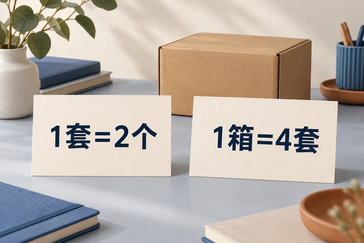 两张包装关系卡分别写着1套等于2个、1箱等于4套
