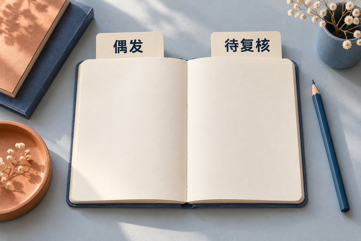 偶发与待复核两张纸卡放在打开的记录本上